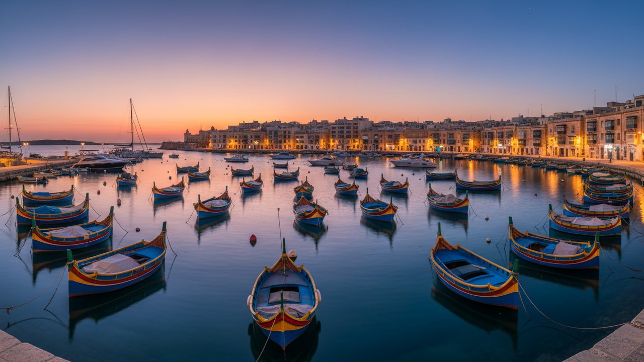 Spinola Bay a St. Julians Malta, barche da pesca tradizionali con case colorate sullo sfondo